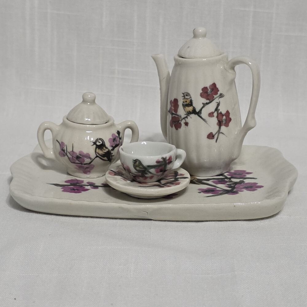 Miniature Ceramic Tea Set Bird Cherry Blossom Teapot Sugar Bowl Cup Saucer Tray